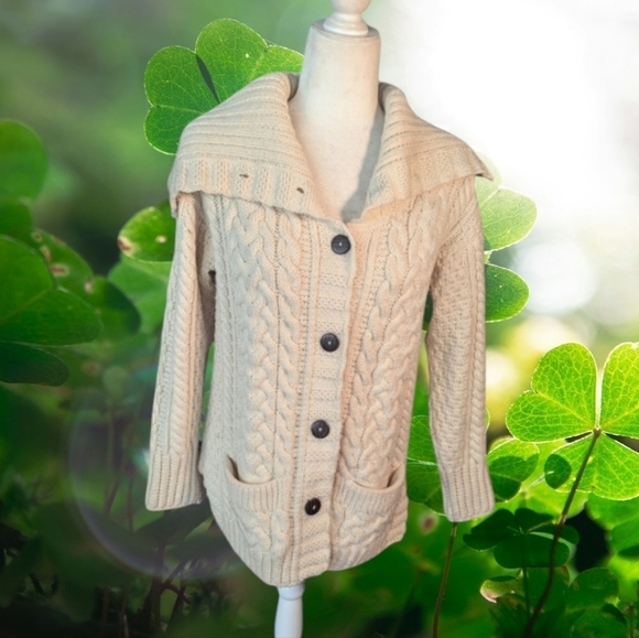 Sweaters - Carrargdonn Irish made Chunky cream merino wool knit shawl collar cardigan sz S